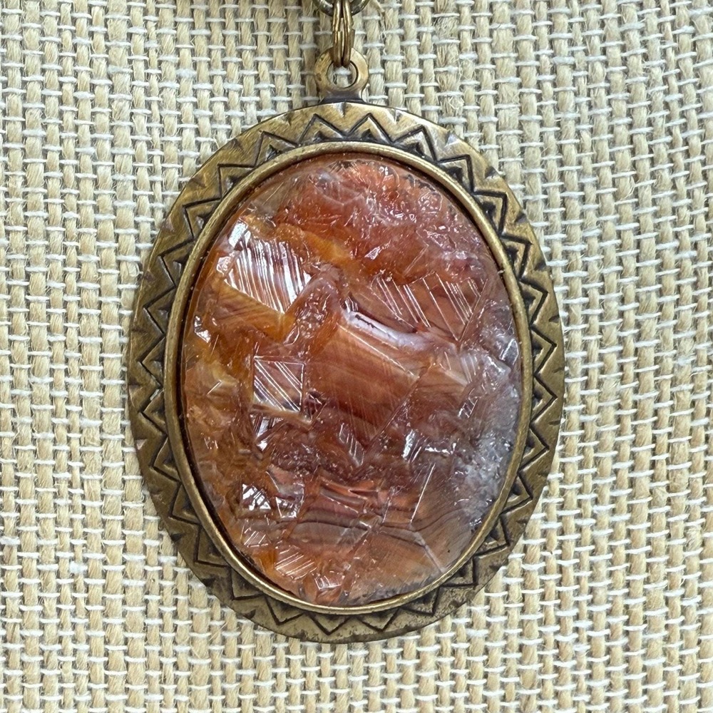Unique Bronze Multi Snake Chain Orange Acrylic Pendant Necklace Unknown Maker - Picture 3 of 16